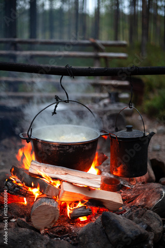 Cooking on a camping trip. A pot of boiling water is hanging over a fire.
