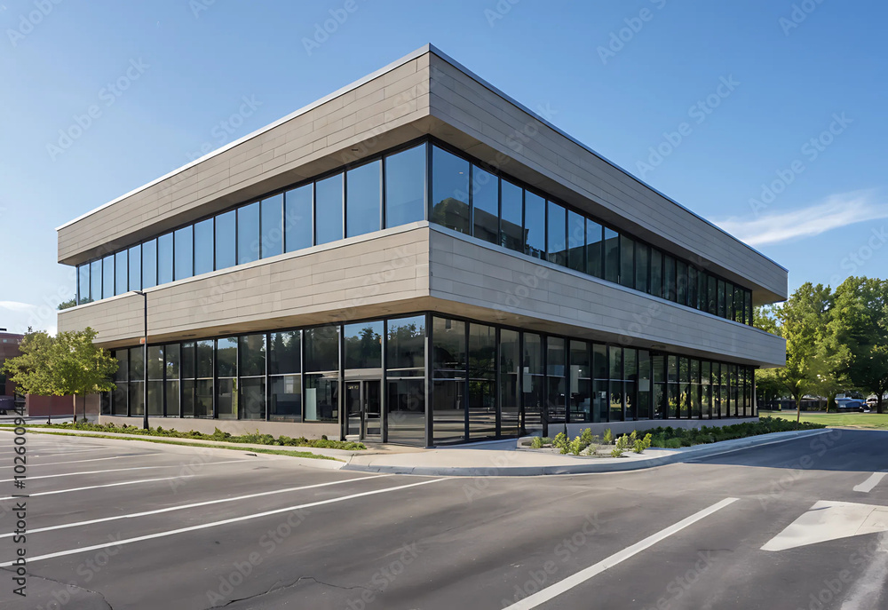 A modern commercial building stands proudly in an urban area, showcasing a sleek glass and steel design with multiple floors and a paved entrance. A modern commercial building stands proudly in an urban area, showcasing a sleek glass and steel design with multiple floors and a paved entrance.