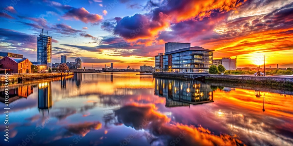 Stunning HDR View of Wirral Docklands at Sunset with Vibrant Skies and Reflections Stunning HDR View of Wirral Docklands at Sunset with Vibrant Skies and Reflections