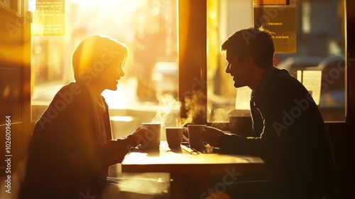 Two people enjoying coffee and conversation in a warm cafe with sunlight streaming through the window.