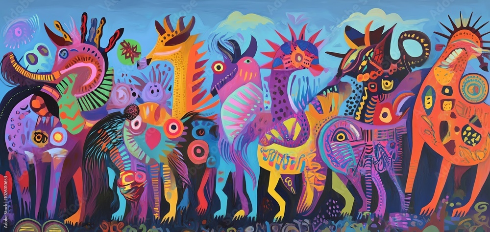 Eye-level perspective, abstract animals merging with vibrant art styles, bold colors, surreal textures Eye-level perspective, abstract animals merging with vibrant art styles, bold colors, surreal textures