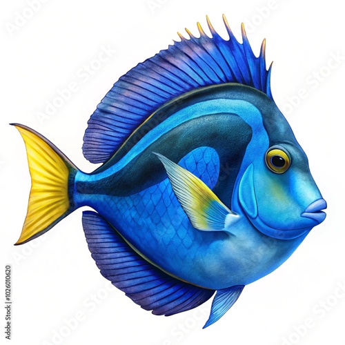 Juvenile blue tang surgeonfish (Acanthurus coeruleus) on a white background. Blue doctorfish, Blue surgeonfish, Pez cirujano azul, Barbero azul. Western Atlantic fish. Acanthuridae photo