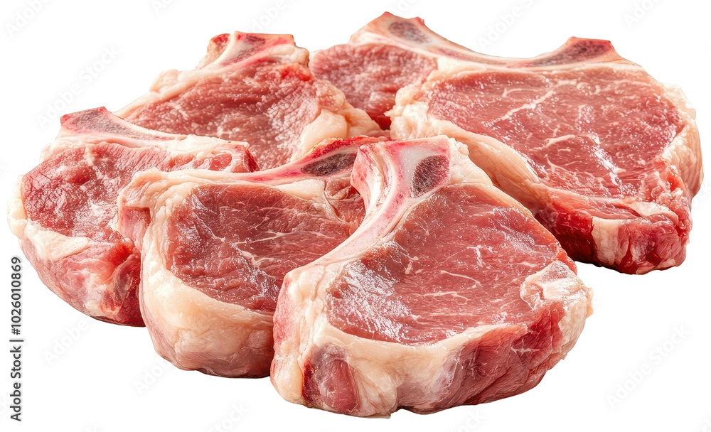Group of five raw pork chops, isolated on transparent background, ideal for culinary visuals. Group of five raw pork chops, isolated on transparent background, ideal for culinary visuals.