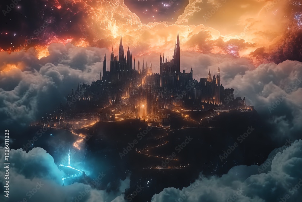 Fototapeta premium Fantasy skyline blending ancient castles and futuristic towers, illuminated by ethereal lights, magical ambiance, breathtaking spectacle, enchanting colors, dreamy atmosphere