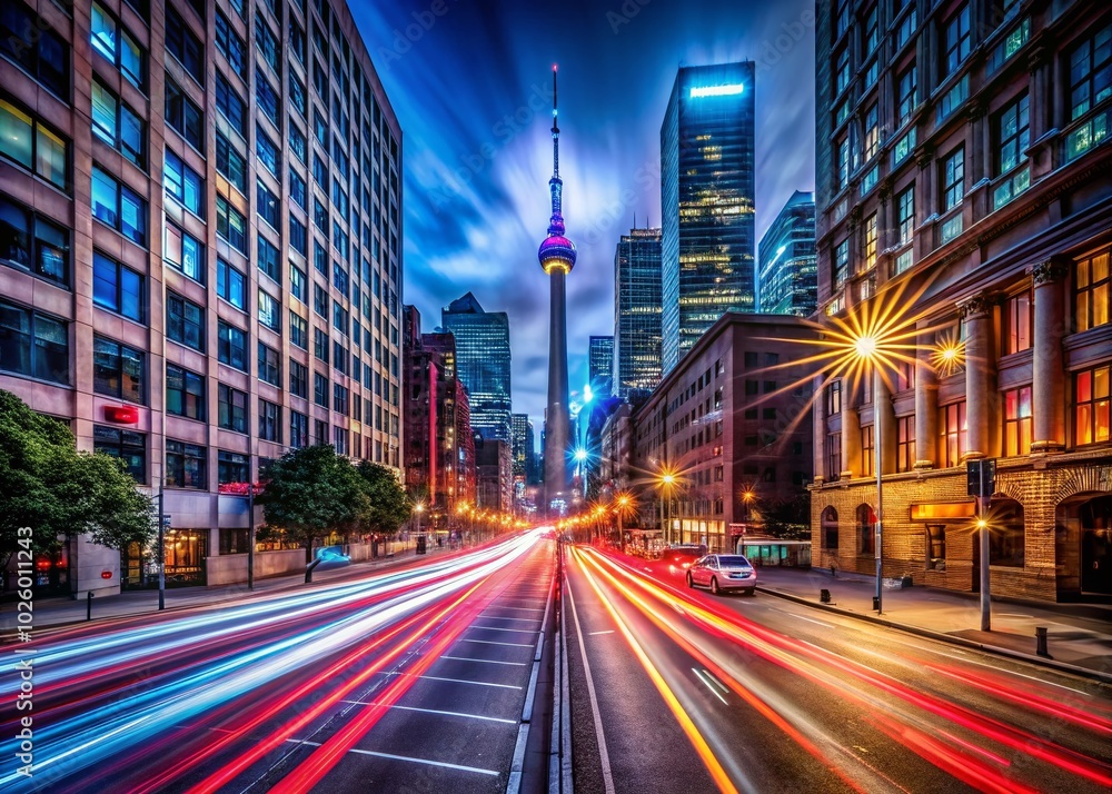 Fototapeta premium Stunning Long Exposure Night Car Trails in Urban Settings for Dynamic Cityscapes