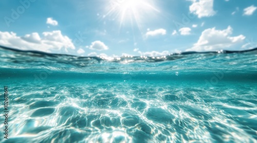 Calm clear waters of the sea shimmer under the sun's rays, creating a peaceful and inviting scene. The bright sky above enhances the clarity and sparkle of the ocean.