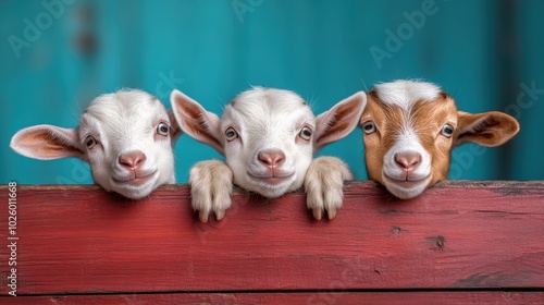 This captures three goats resting over a charming rustic red fence, highlighting their curious expressions, a vibrant composition ideal for nature and farm visuals.