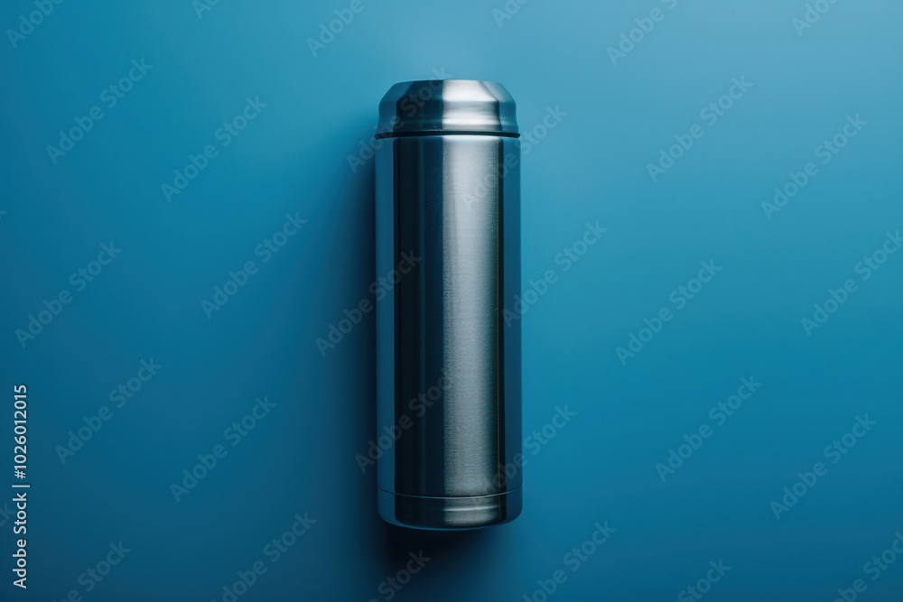 Stainless steel thermal flask on a blue surface with a sleek design and modern finish Stainless steel thermal flask on a blue surface with a sleek design and modern finish