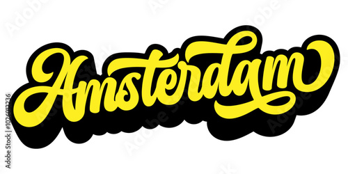 Amsterdam city name written in retro groovy three-dimensional script lettering
