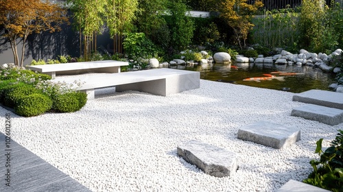 A modern Zen garden with meticulously raked white gravel