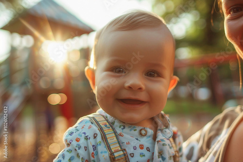 Excited happy children playing outdoors alone with friends mom dad family, urban city town modern playground, Generative AI