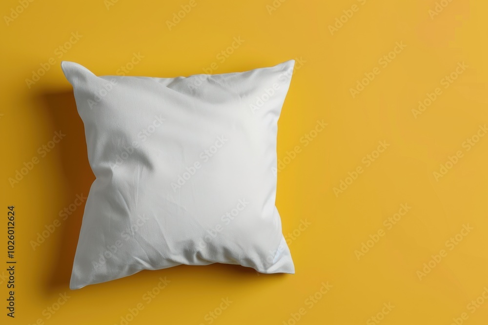 Soft white pillow on vibrant yellow background with natural lighting Soft white pillow on vibrant yellow background with natural lighting