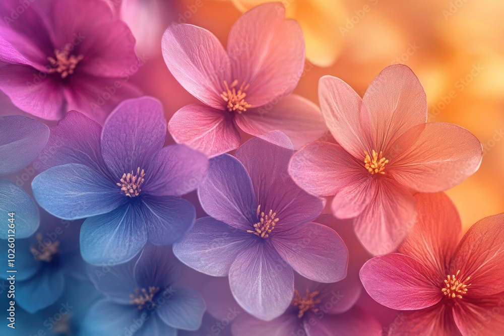 A vibrant rainbow-colored background with delicate pastel flowers in various shades of pink, purple, blue and yellow. A vibrant rainbow-colored background with delicate pastel flowers in various shades of pink, purple, blue and yellow.