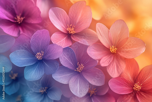A vibrant rainbow-colored background with delicate pastel flowers in various shades of pink, purple, blue and yellow. 