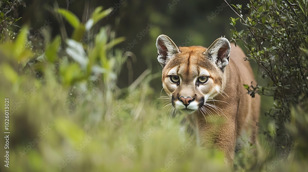 Fototapeta premium Puma walking through lush green foliage on isolated background