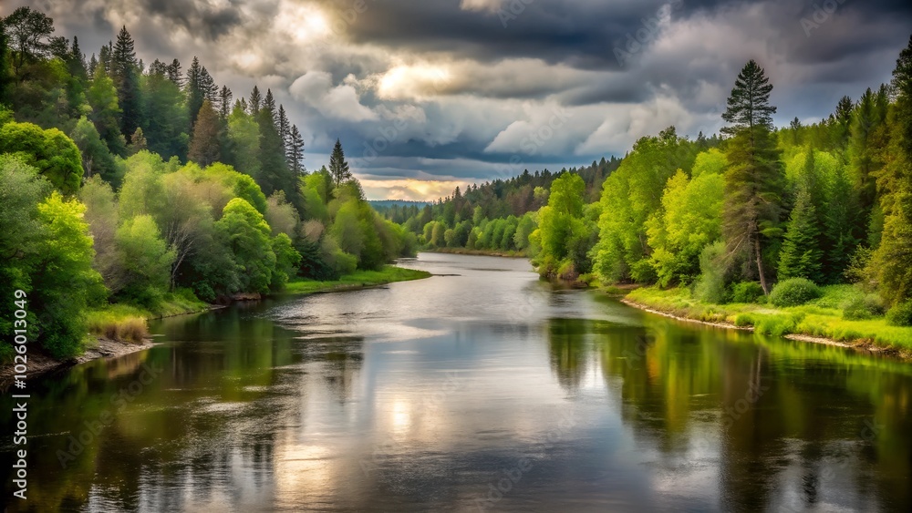 Fototapeta premium A calm river winding through a wooded area, creating a serene natural setting for relaxation and contemplation.