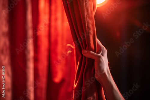 Generative AI hand pulling red theater curtain on stage photo