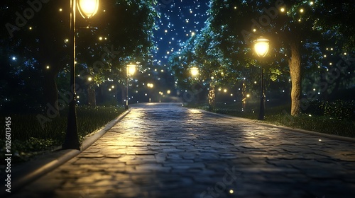 Serene night landscape with illuminated trees and glowing lamps. photo