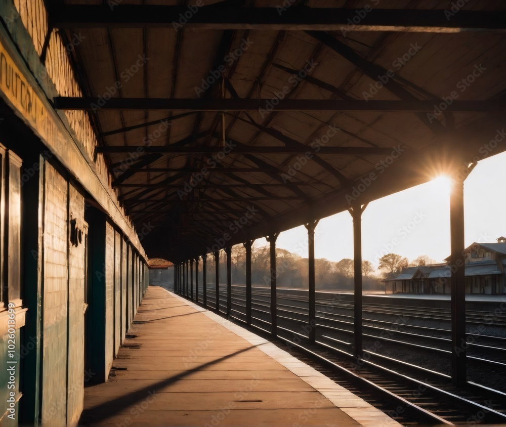An abandoned railway station platform bathed in warm sunset light, with empty tracks stretching into the horizon. The neglected wooden structure reflects the fading sun, creating a peaceful yet melanc An abandoned railway station platform bathed in warm sunset light, with empty tracks stretching into the horizon. The neglected wooden structure reflects the fading sun, creating a peaceful yet melanc