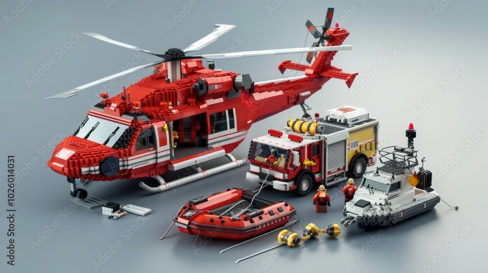 Fototapeta premium Create detailed 3D illustrations of emergency response vehicles and equipment, including helicopters and rescue boats