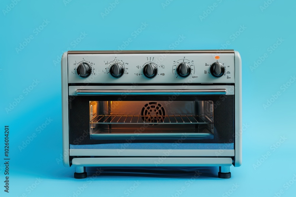 Silver countertop toaster oven with illuminated interior against a blue background Silver countertop toaster oven with illuminated interior against a blue background