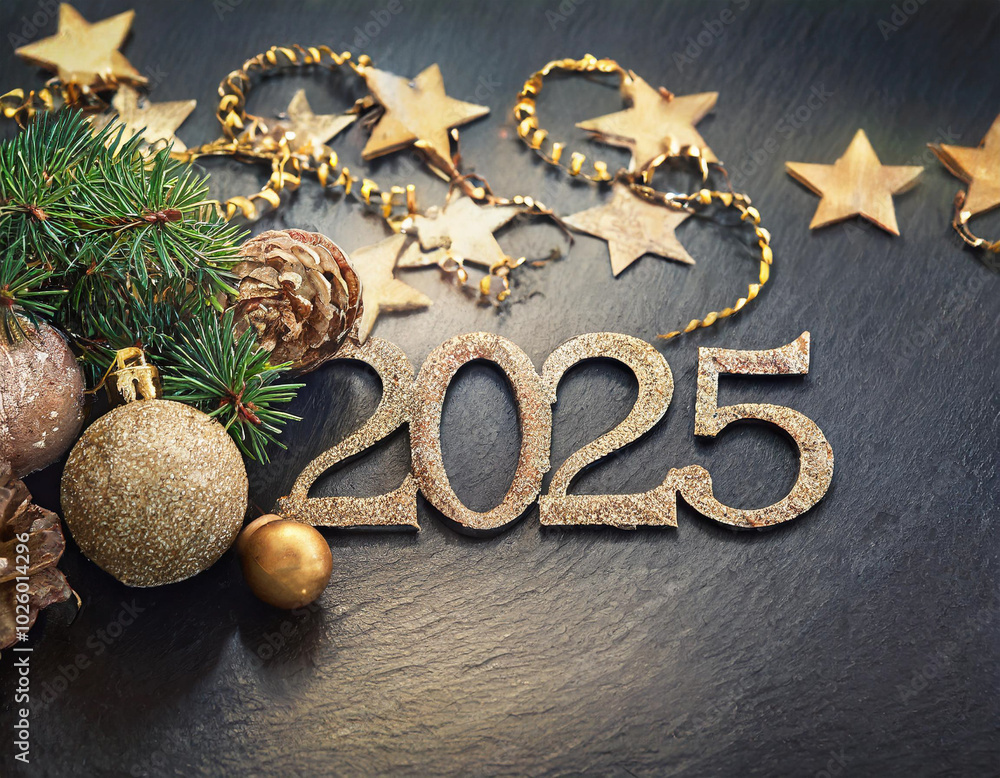 Celebrate the New Year 2025 with festive decorations and charming holiday elements on a table Celebrate the New Year 2025 with festive decorations and charming holiday elements on a table