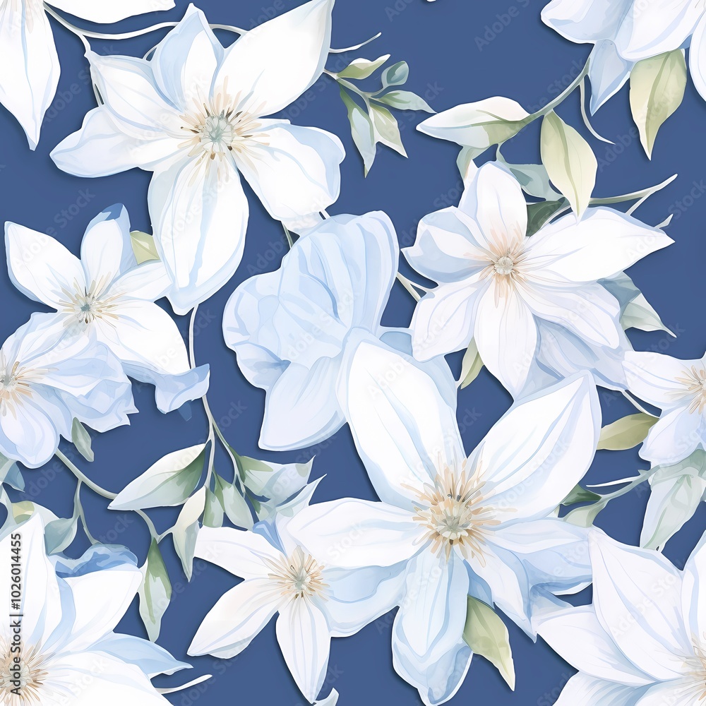 Elegant white flowers with green leaves on a deep blue backdrop for a sophisticated look. Elegant white flowers with green leaves on a deep blue backdrop for a sophisticated look.