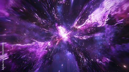 Vivid purple cosmic space with swirling energy and lights.