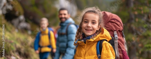 parents and children hiking along a scenic forest trail, focus on their smiling faces and backpacks, with the background featuring a natural landscape 