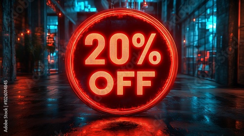 20% OFF in large bold red letters, centered on a sleek black background, bright red glowing edges, soft reflections, clean modern look, high contrast between red and black, professional style, photo