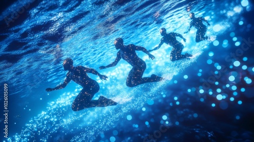 Underwater cyborgs race through bioluminescent coral reefs in Olympics photo