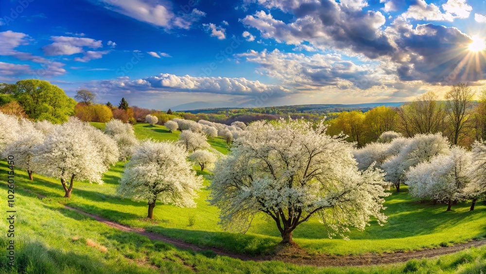 Obraz premium Stunning Panoramic View of White Flowering Trees in Blooming Spring Landscape