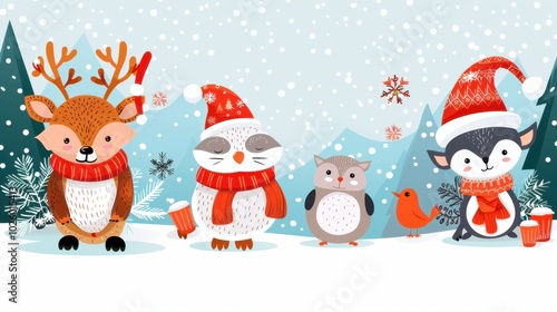 Cute Winter Animals in Christmas Scene