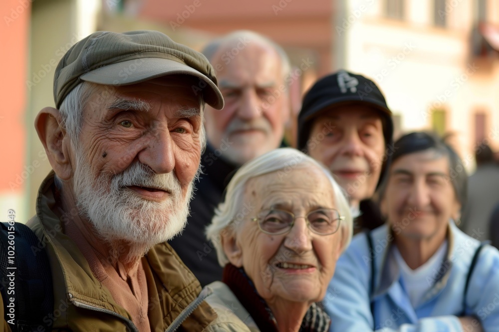 Portrait of a group of elderly people on the street. Selective focus. Portrait of a group of elderly people on the street. Selective focus.