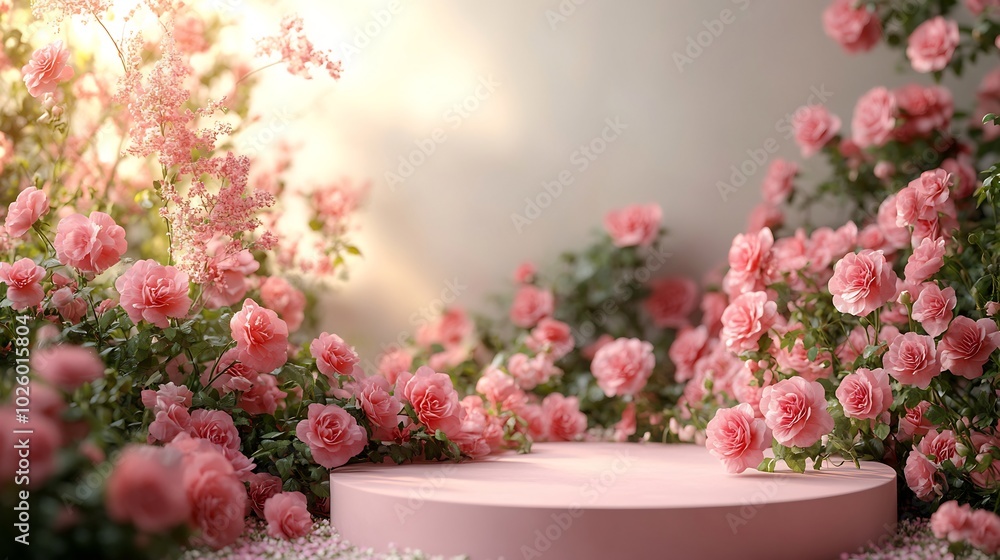 Fototapeta premium Romantic Valentines Day scene a pink podium surrounded by blooming garden roses and a soft white background Ideal for a spring or beautythemed product display with a touch of elegance