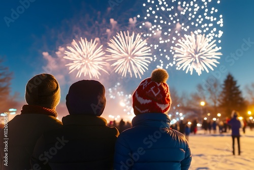 3 friends watching New Year's eve fireworks celebration under the night sky