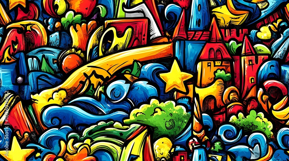 A colorful fantasy-themed doodle pattern filled with fairy tale castles, unicorns, and enchanted trees, with floating spell books, crystal balls, and glowing stars, A colorful fantasy-themed doodle pattern filled with fairy tale castles, unicorns, and enchanted trees, with floating spell books, crystal balls, and glowing stars,