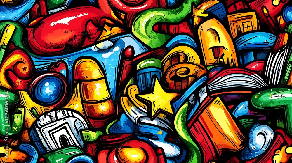 A colorful fantasy-themed doodle pattern filled with whimsical castles, enchanted objects like flying books and wands, and magical creatures, with glowing lanterns, sparkling stars, A colorful fantasy-themed doodle pattern filled with whimsical castles, enchanted objects like flying books and wands, and magical creatures, with glowing lanterns, sparkling stars,