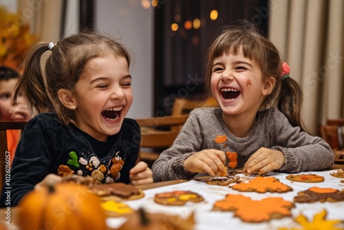 Children enjoying Thanksgiving cookie decoration photo