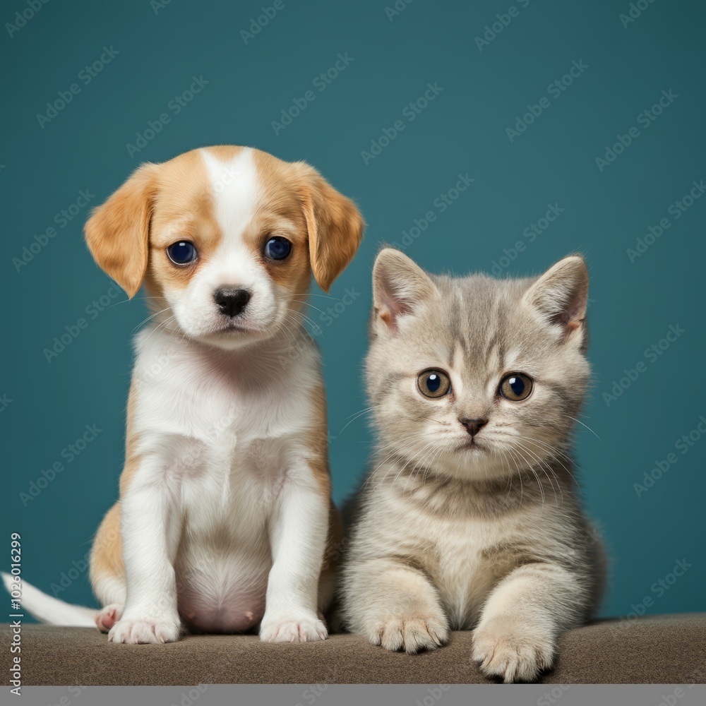 Friendly alert Pets together side by side in a row looking at the camera, isolated on white Friendly alert Pets together side by side in a row looking at the camera, isolated on white