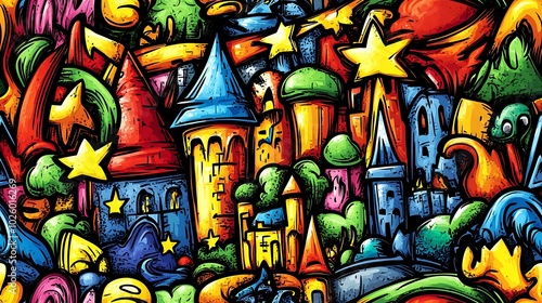 Wallpaper Mural A colorful fantasy-themed doodle pattern showcasing fairy tale castles, magical creatures like unicorns and dragons, with enchanted trees, mystical objects, and glowing stars, Torontodigital.ca