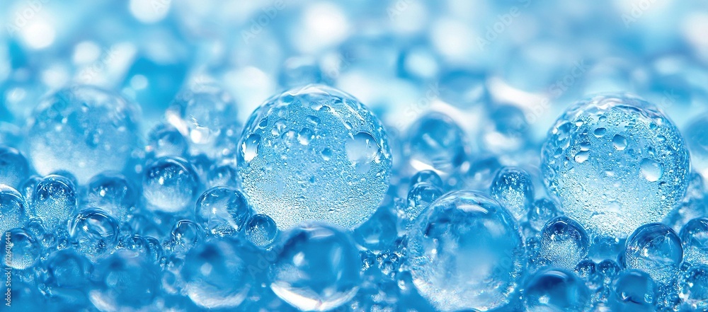 Blue glass beads, water drops on a blue background, macro photography Blue glass beads, water drops on a blue background, macro photography