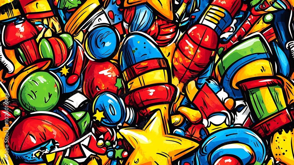 Obraz premium A colorful festive fiesta doodle pattern featuring maracas, piñatas, confetti, and stars, surrounded by party hats, streamers, and balloons, set against a bright and lively background, bright colors,