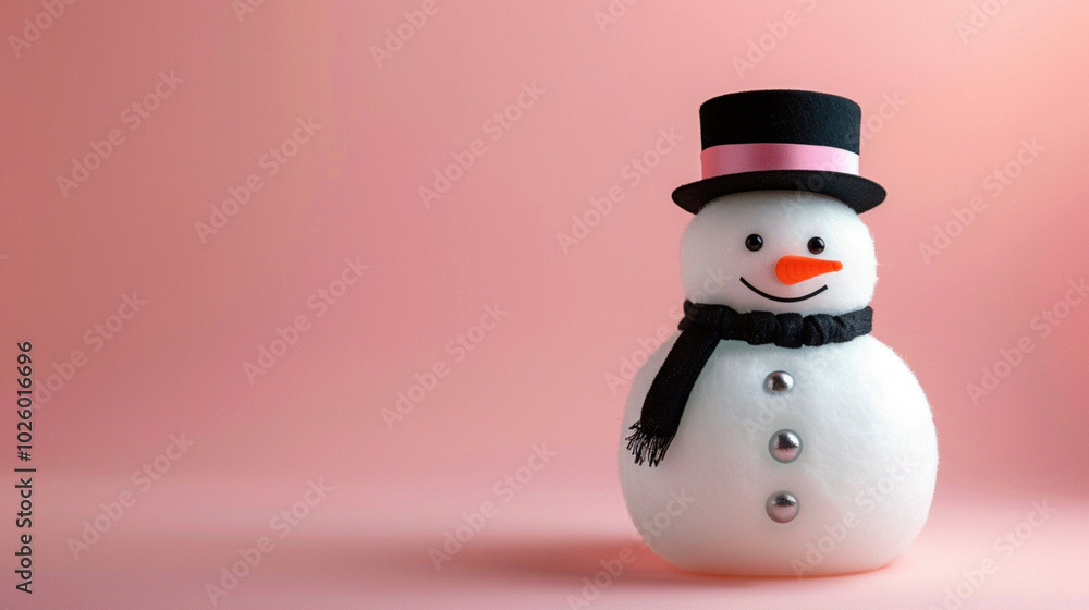 Cheerful snowman with black winter hat and scarf stands against a soft pink background, Perfect for winter holiday themes adverticement. Copy paste empty place for text Cheerful snowman with black winter hat and scarf stands against a soft pink background, Perfect for winter holiday themes adverticement. Copy paste empty place for text