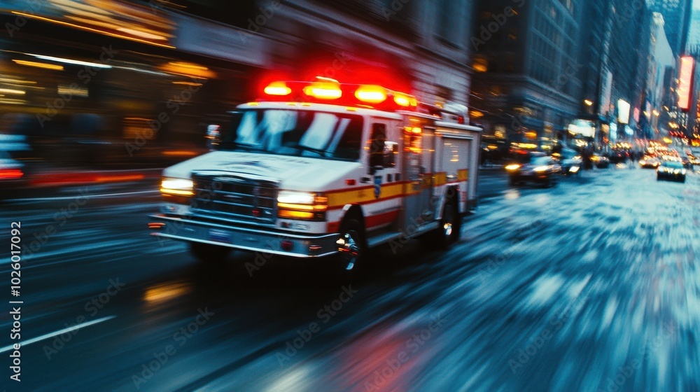 Fire truck speeding down a city street, lights flashing, action shot at dusk Fire truck speeding down a city street, lights flashing, action shot at dusk