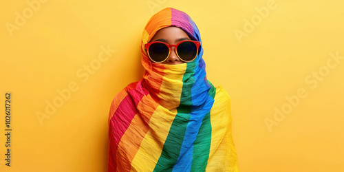 A woman wearing a rainbow scarf and sunglasses photo