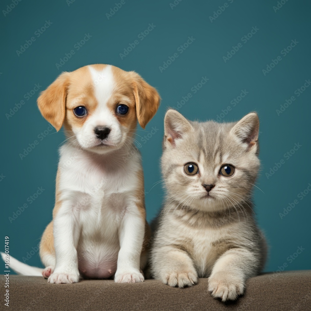 Friendly alert Pets together side by side in a row looking at the camera, isolated on white Friendly alert Pets together side by side in a row looking at the camera, isolated on white
