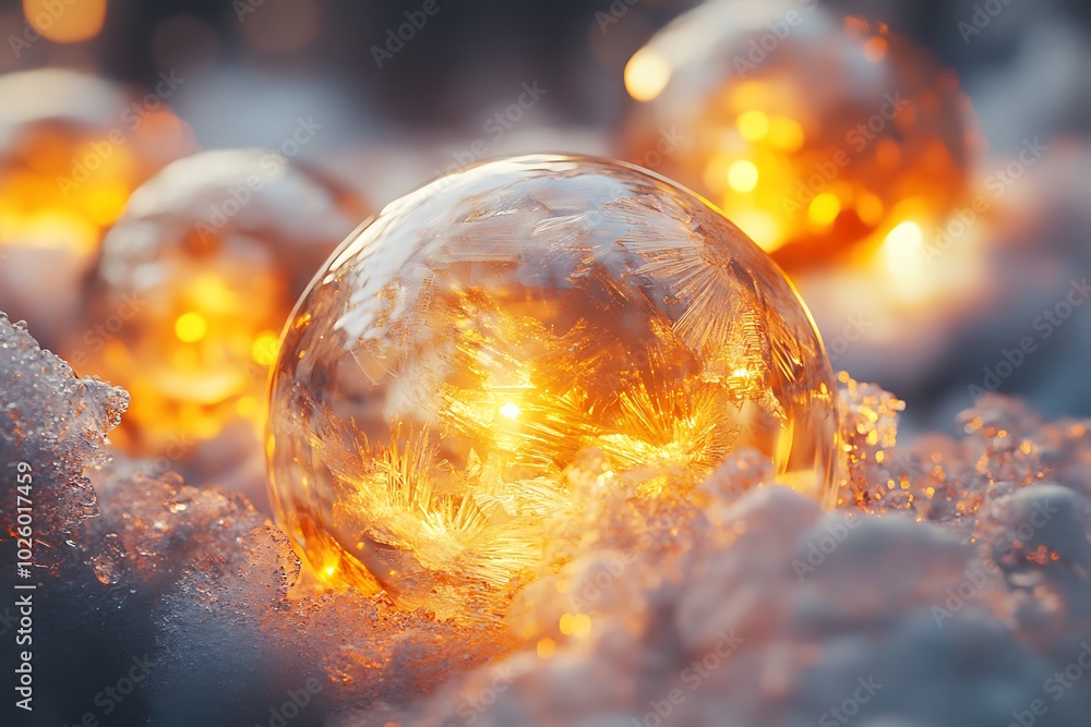 Frozen bubbles glowing in snow, enchanting winter scene. Frozen bubbles glowing in snow, enchanting winter scene.