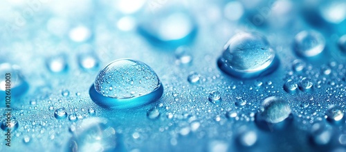 Blue glass beads, water drops on a blue background, macro photography