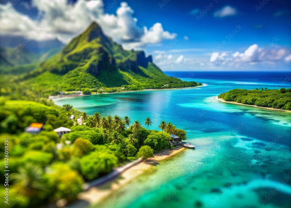 Fototapeta premium Stunning Tilt-Shift Photography of Motu Temae, Moorea, Polynesia - A Dreamy Tropical Paradise